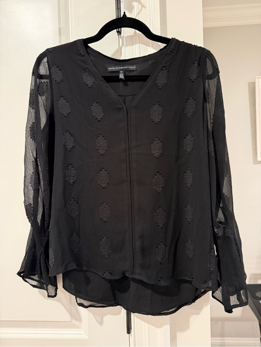 White House Black Market Black  V-Neck Blouse With Bell Sleeves